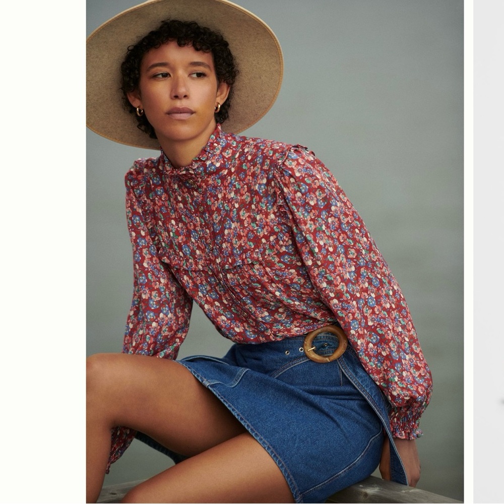 Anthropologie Red Floral High-Neck Long-Sleeve Blouse